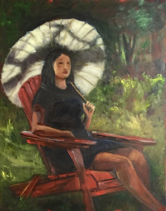 Combining red chair with white parasol